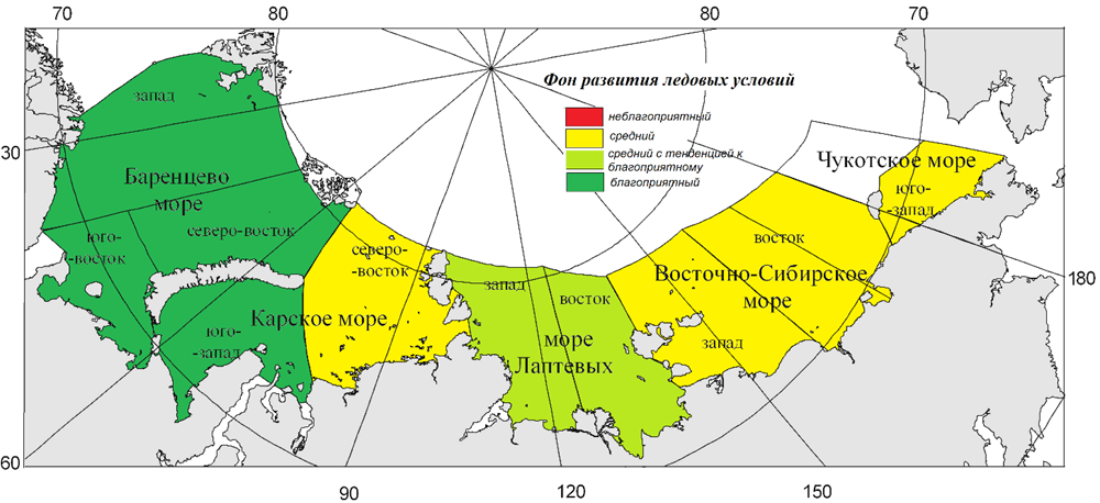 Рис. Общая оценка ожидаемых ледовых условий в арктических морях в первой половине навигации (июль-август) 2023 г.